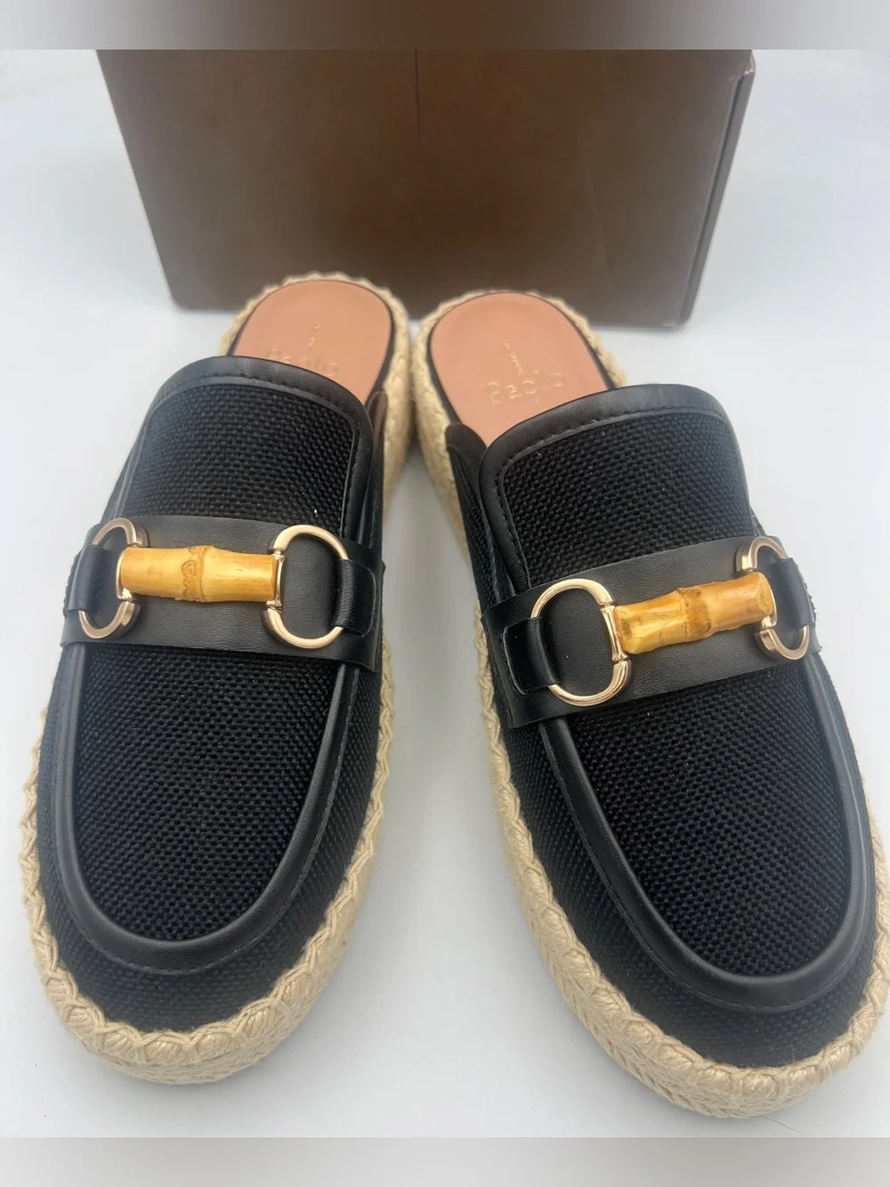 Linea Paolo Shiloh Bamboo Espadrille Mules Black w/Nappa Leather Trim Size 9 NWB